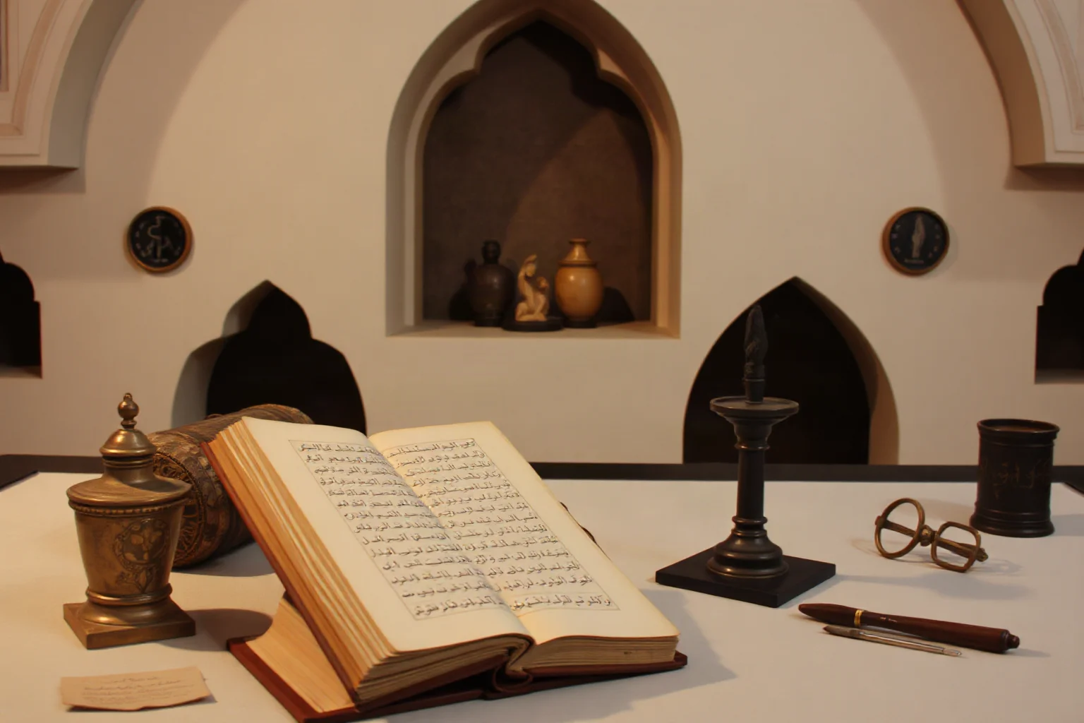 Medieval Islamic mathematics academy with algebra manuscript, systematic equation-solving methods, and origin of the word 'algorithm' displayed