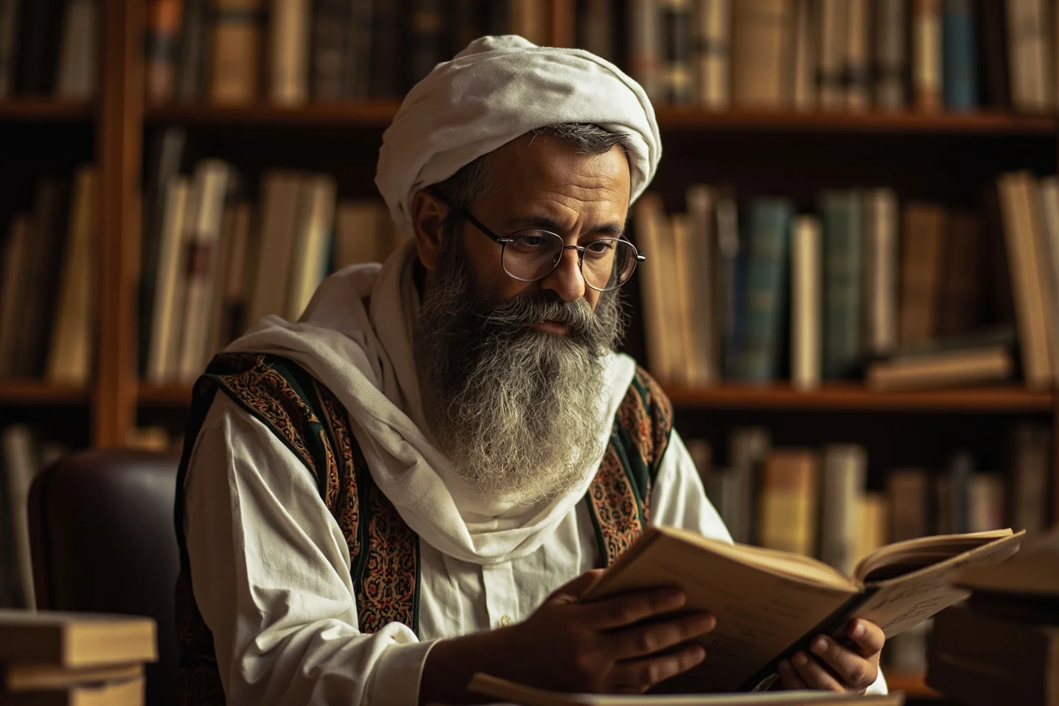 Medieval Islamic scholar studying Aristotle's works in a Baghdad library, with Arabic manuscripts and translations visible