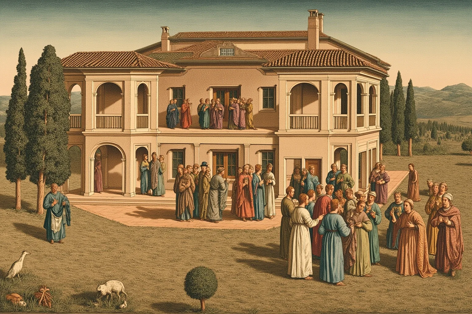 Medieval Italian villa or manor house with figures in 14th-century dress, representing the setting of Boccaccio's Decameron