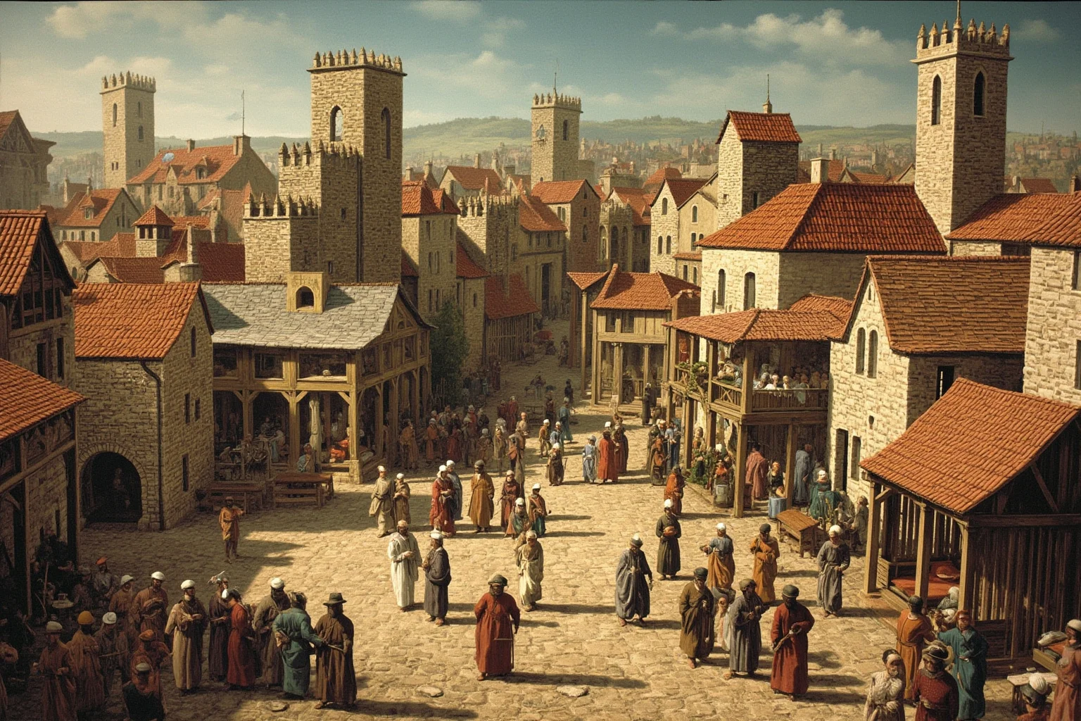Medieval Jewish community in a European town square during the 14th century, with buildings and merchants