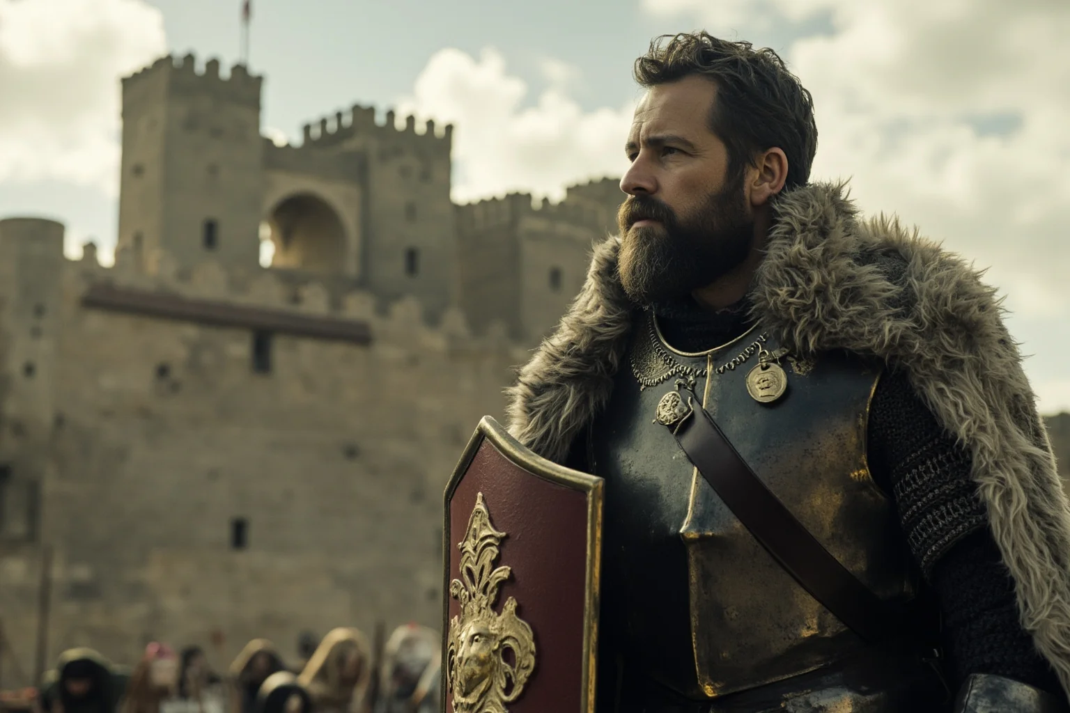 Medieval king in armor bearing a lion emblem on his shield, standing before a crusader-era fortress