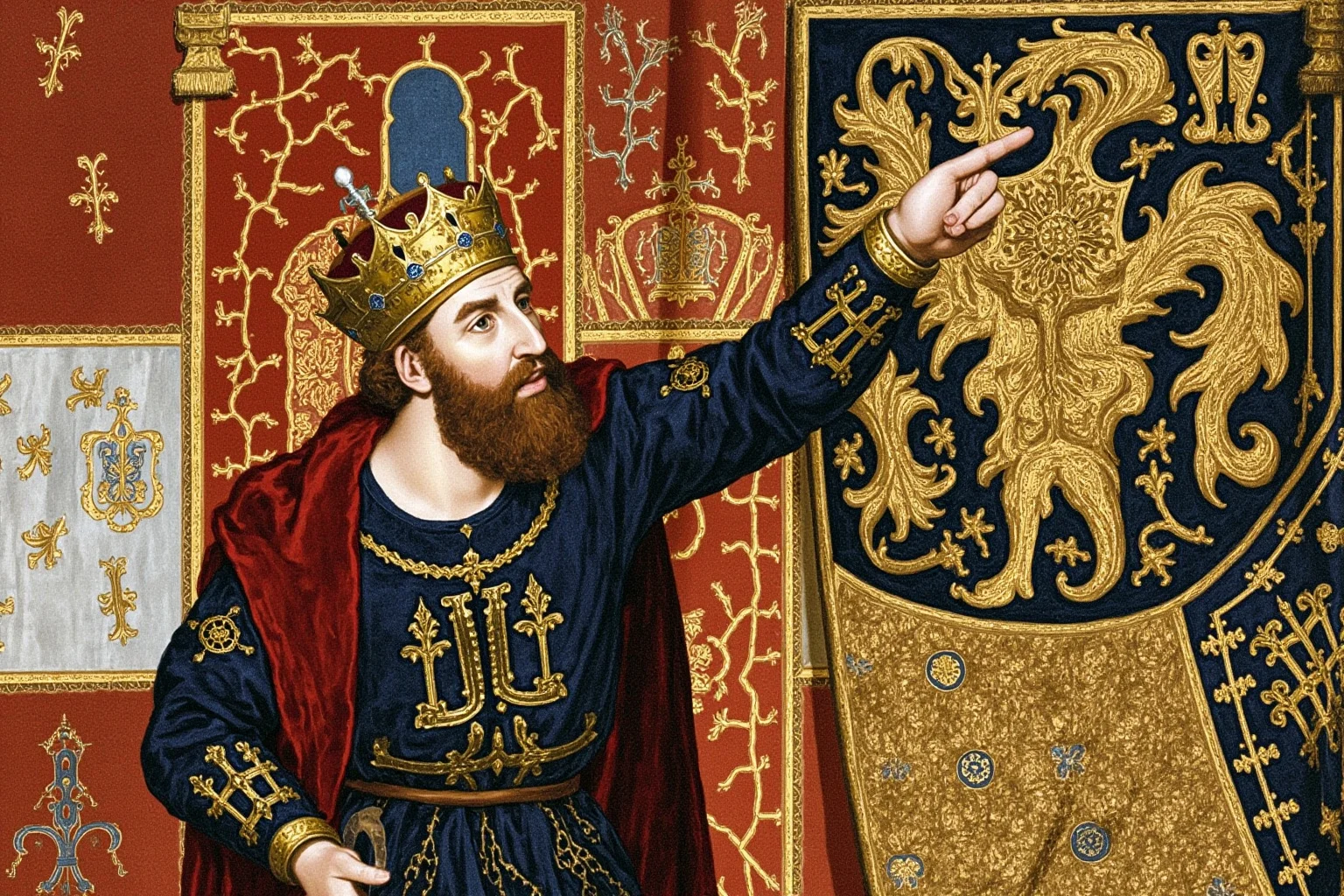 Medieval king pointing at a heraldic flag or banner displaying a claim to a foreign throne