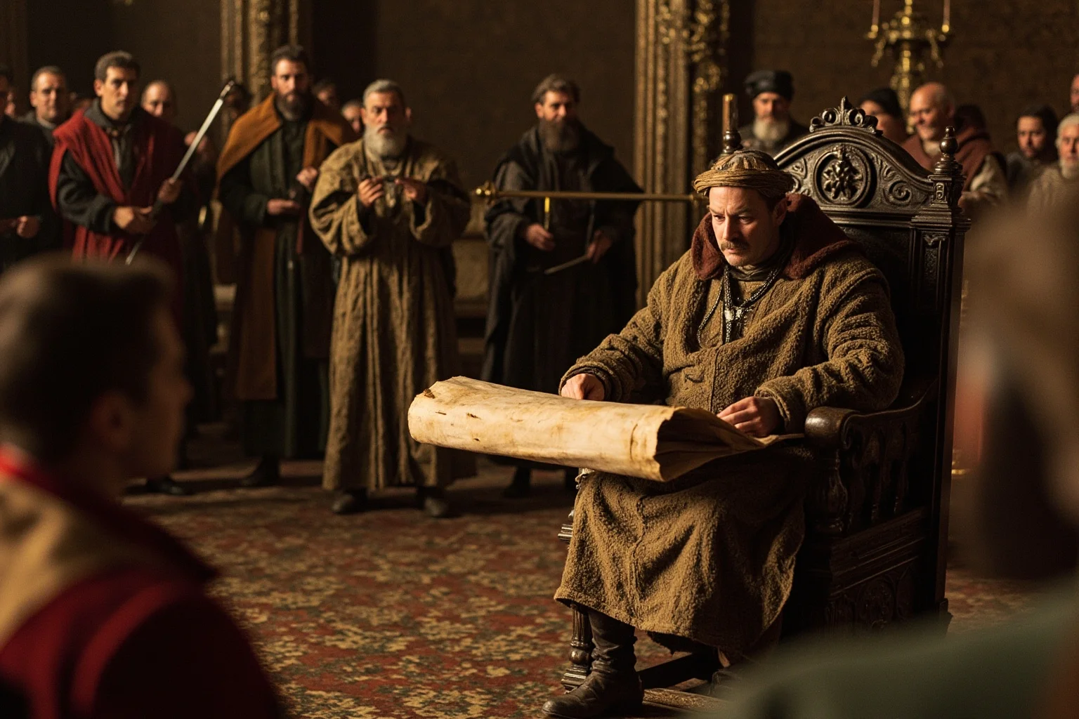 Medieval king seated on throne, signing a large parchment document before assembled nobles and clergy