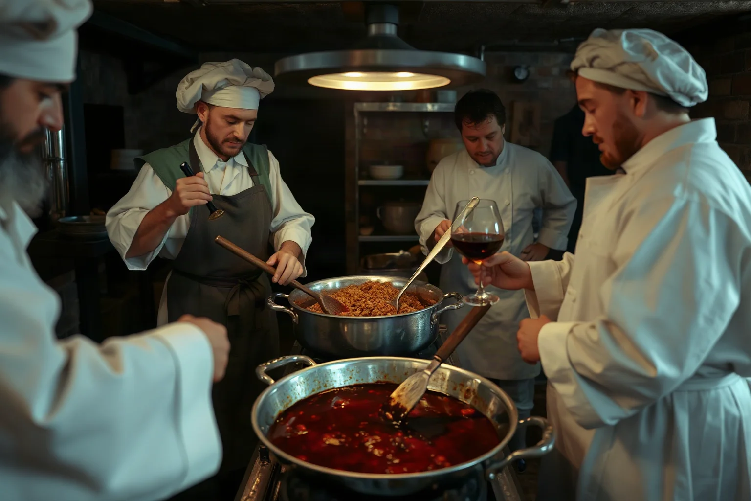 Medieval kitchen scene with cooks preparing richly sauced dishes with spices, wine, and breadcrumbs
