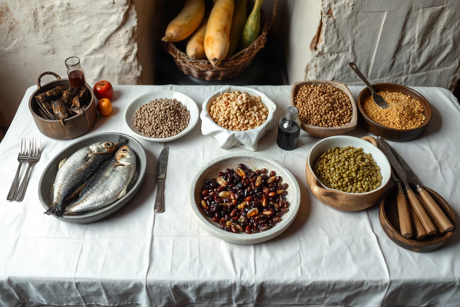 Medieval kitchen table with preserved fish, dried legumes, and grain dishes arranged for Lenten fasting meal