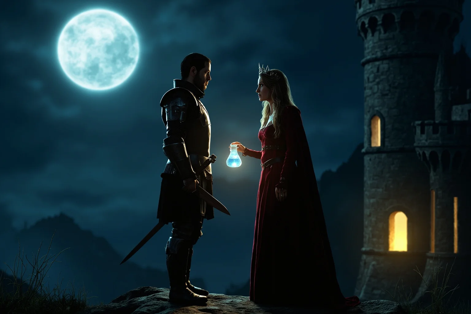 The 22 Greatest Love Stories in History 14 Medieval knight and queen standing near a castle tower under moonlight, a small potion vial glowing between them