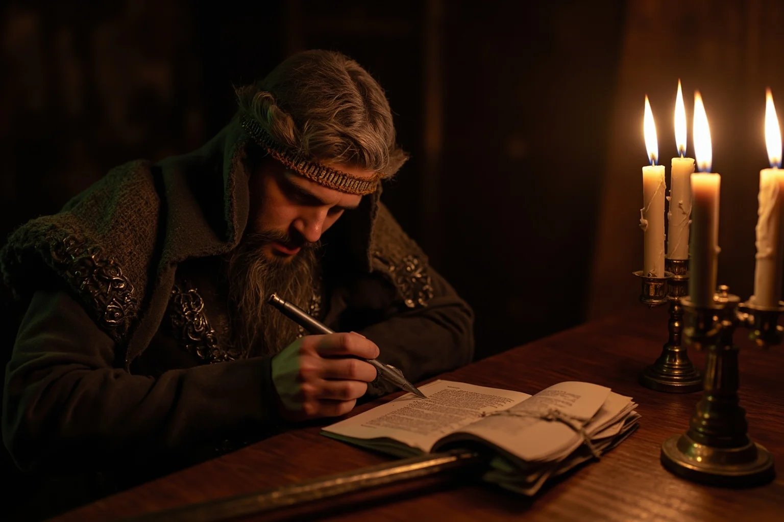22 Most Notorious Knights From History: Heroes, Villains, and Legends 16 Medieval knight-author writing at a wooden desk with a sword and manuscript, candlelight glow