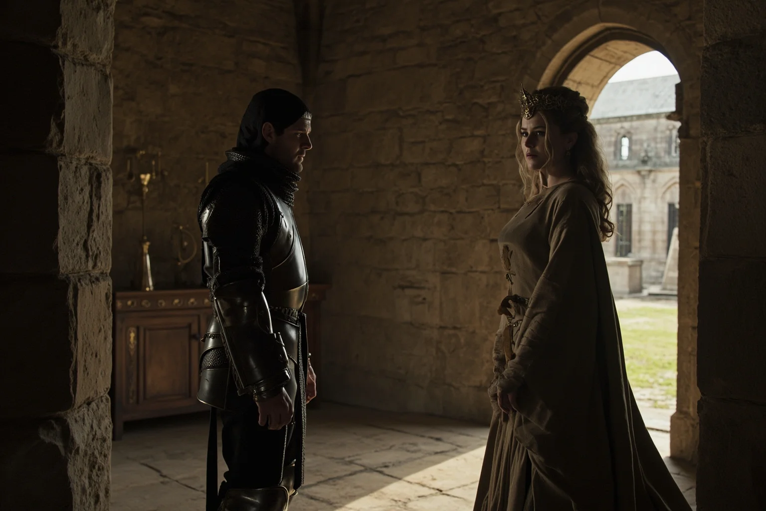 The 22 Greatest Love Stories in History 16 Medieval knight in armor and a queen in a flowing gown standing apart in a grand stone castle hall, tension in their posture