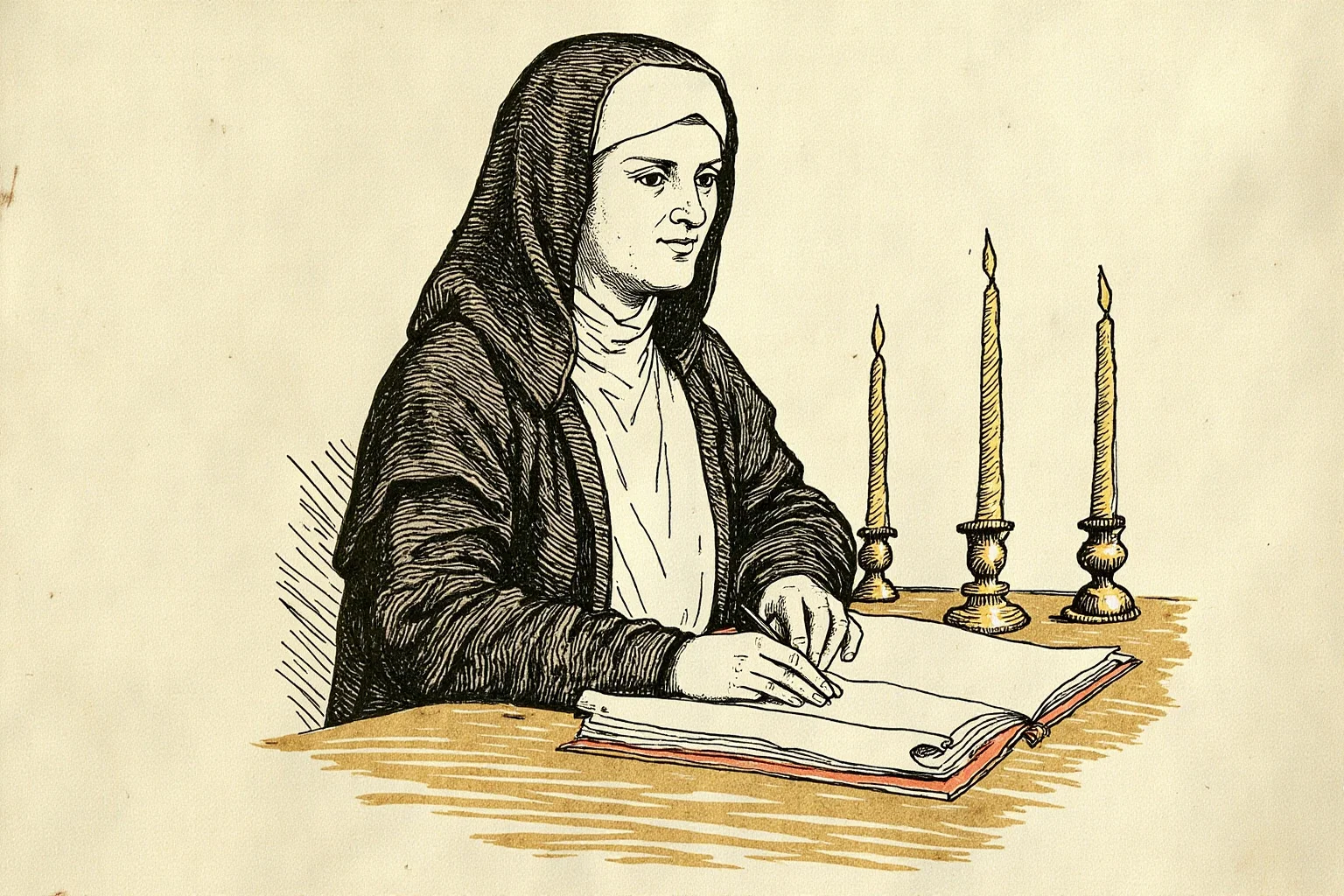 Medieval manuscript illustration of an abbess in monastic robes writing at a wooden desk surrounded by candles and scrolls