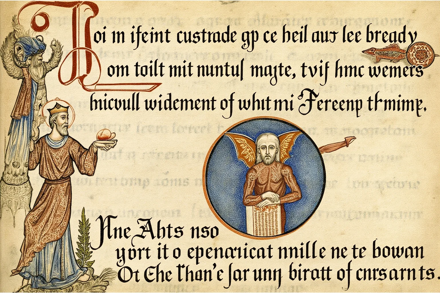 Medieval manuscript illustration of Dante describing a great master of knowledge, with classical Greek and Italian artistic elements