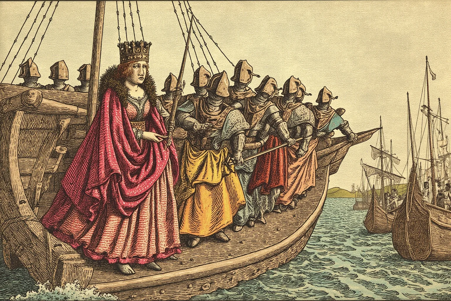 Medieval manuscript style illustration of a queen in fine gown leading armored knights onto ships bound for an invasion