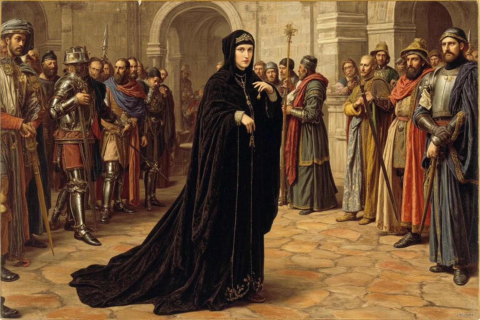 Medieval manuscript style painting of a queen in mourning black directing knights and messengers in a war-torn castle courtyard
