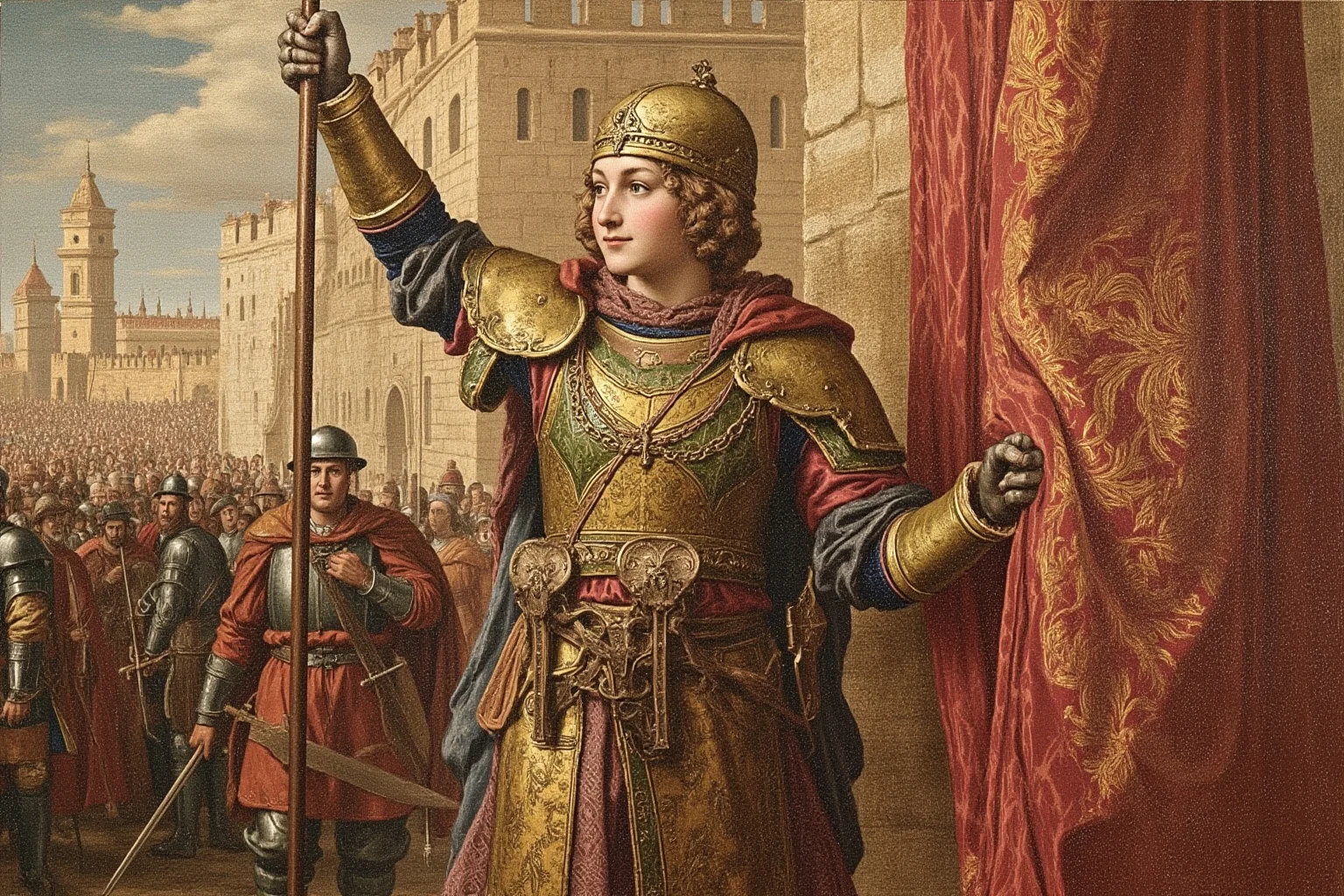 Medieval manuscript style painting of a young armored woman holding a banner before a crowd of soldiers outside city walls