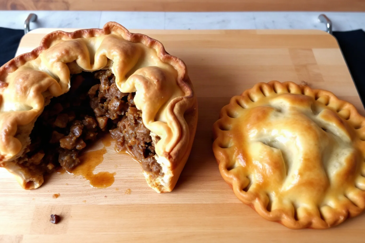 Medieval meat pie with decorative pastry crust cut open to reveal filling, alongside a simpler peasant pie
