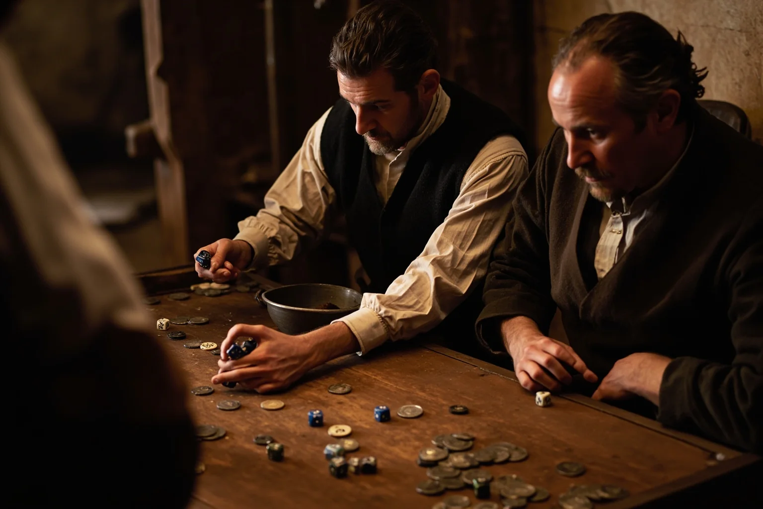 Medieval men in a tavern rolling dice on a wooden table, coins scattered nearby