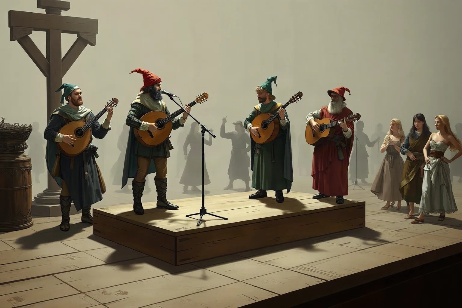 Medieval musicians playing lutes and drums on a wooden platform while illustrated figures dance around them