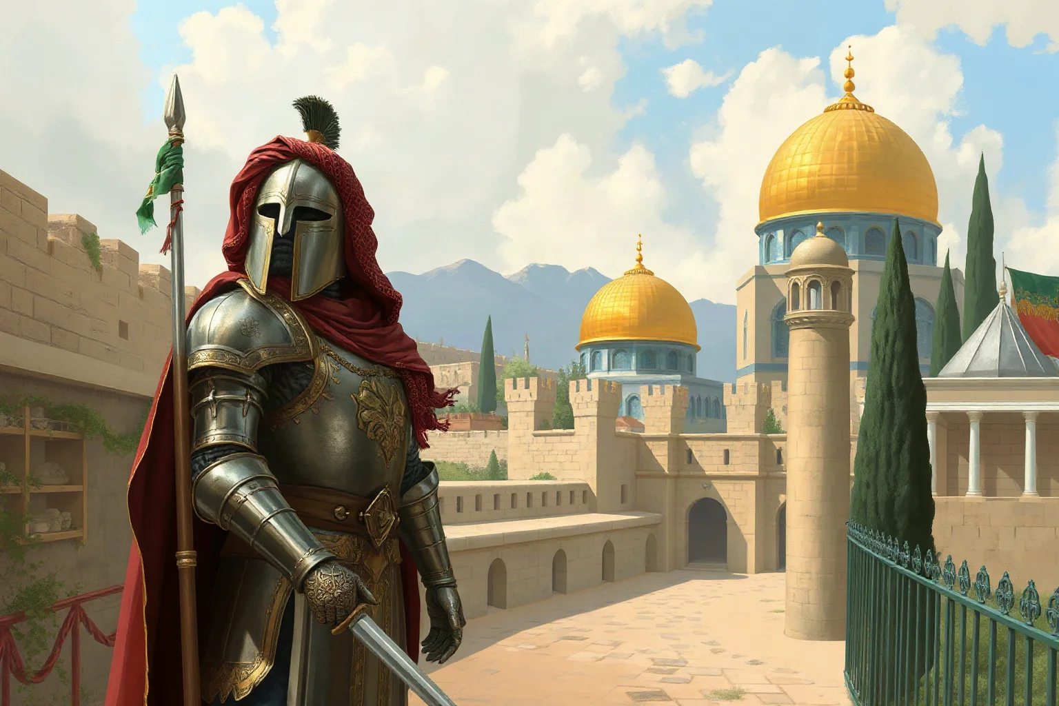Medieval Muslim sultan in ornate armor standing before the walls of ancient Jerusalem, illustrative historical style