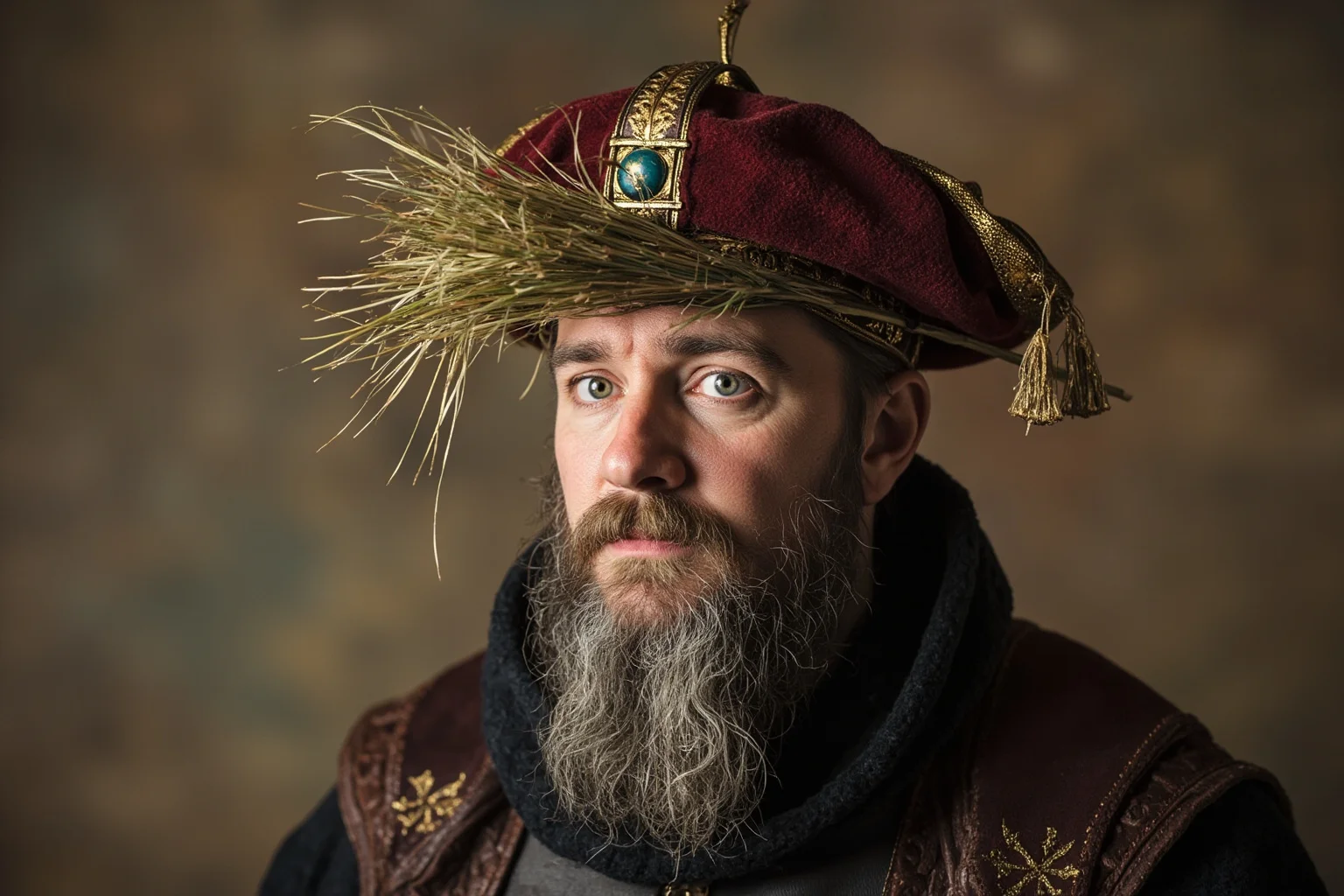 Medieval nobleman in 12th-century clothing wearing a sprig of broom flower as a hat emblem or badge