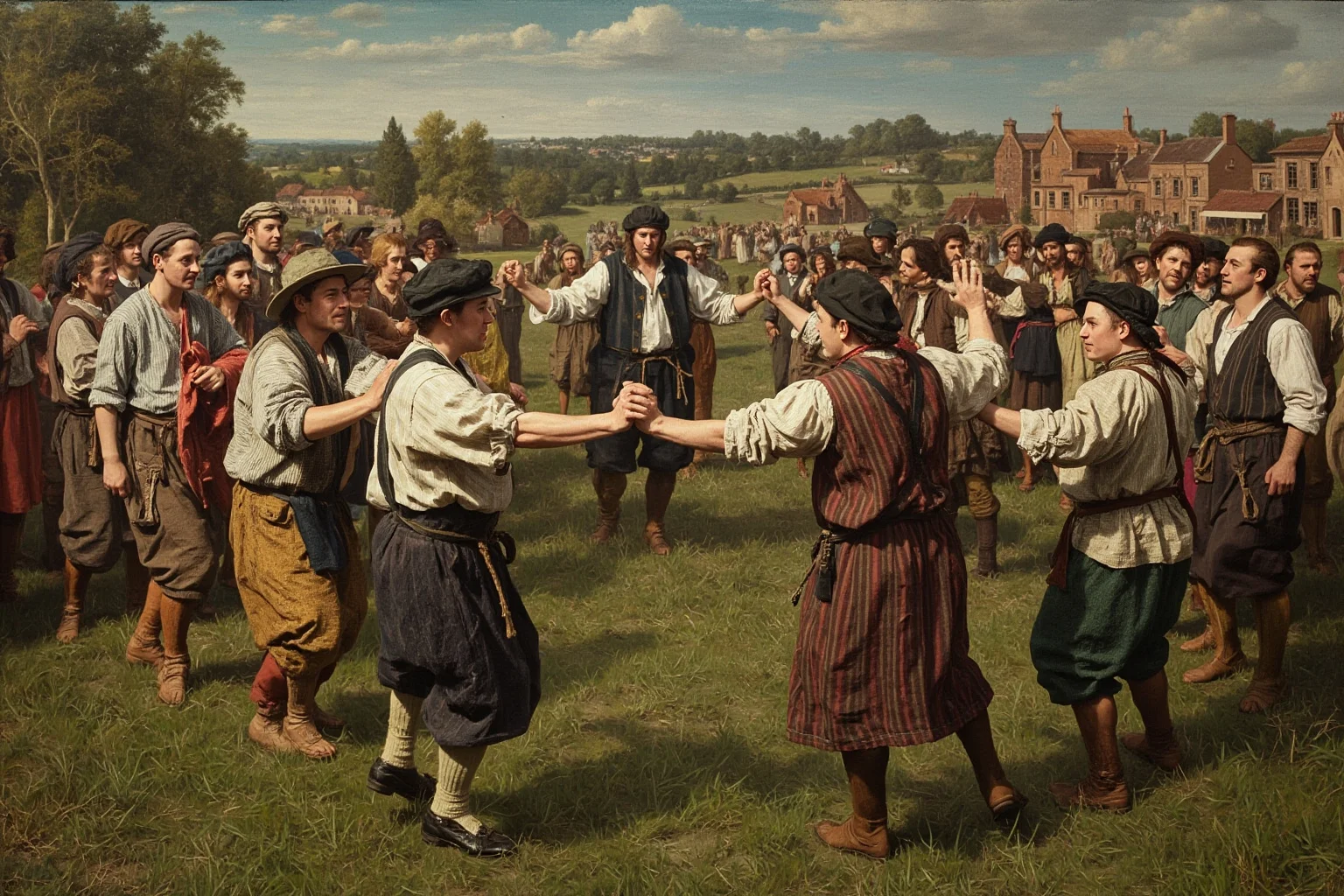 Medieval peasants and villagers dancing in a circle on a green during a festival