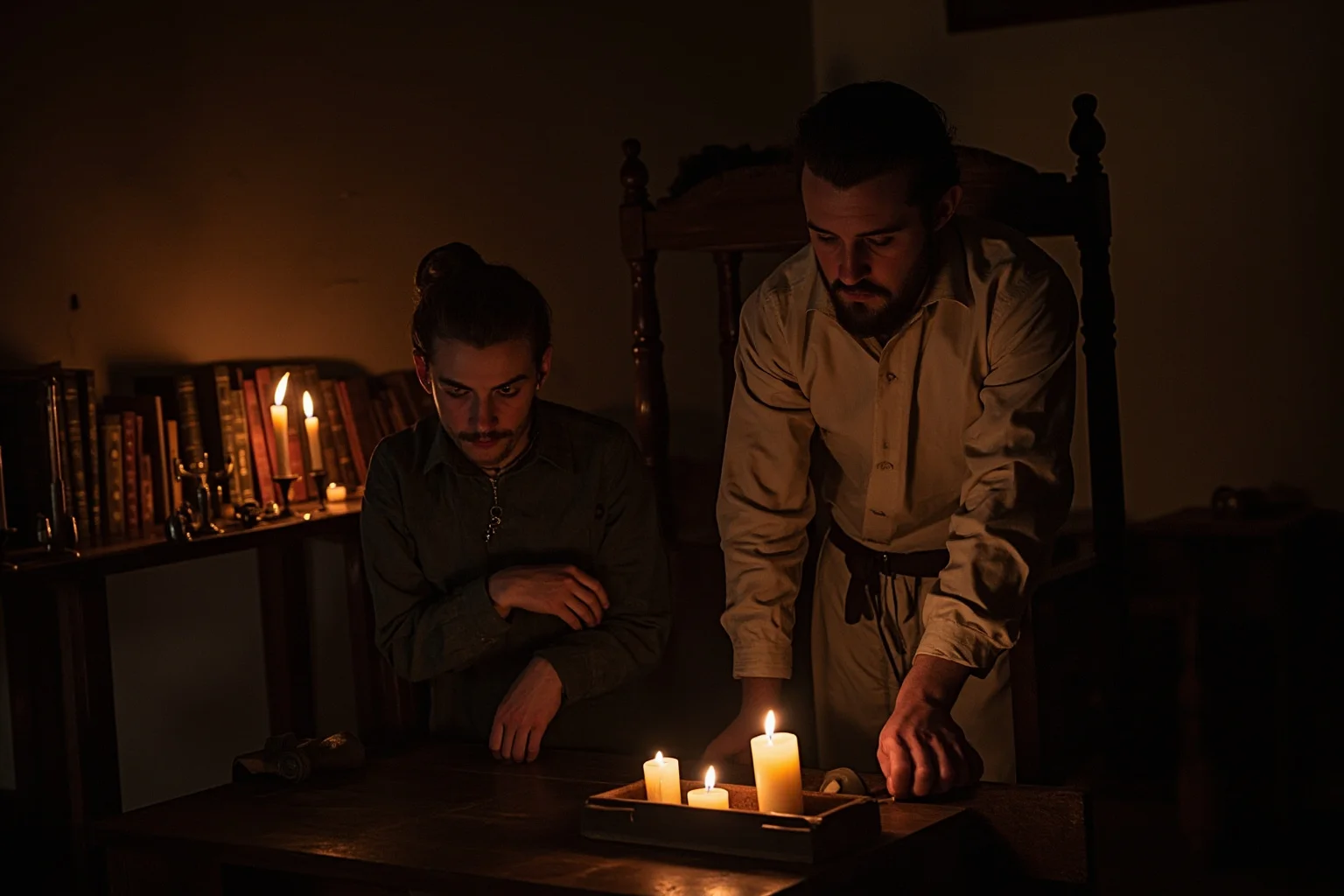 Medieval physician and patient in a candlelit room with period medical texts and instruments scattered about