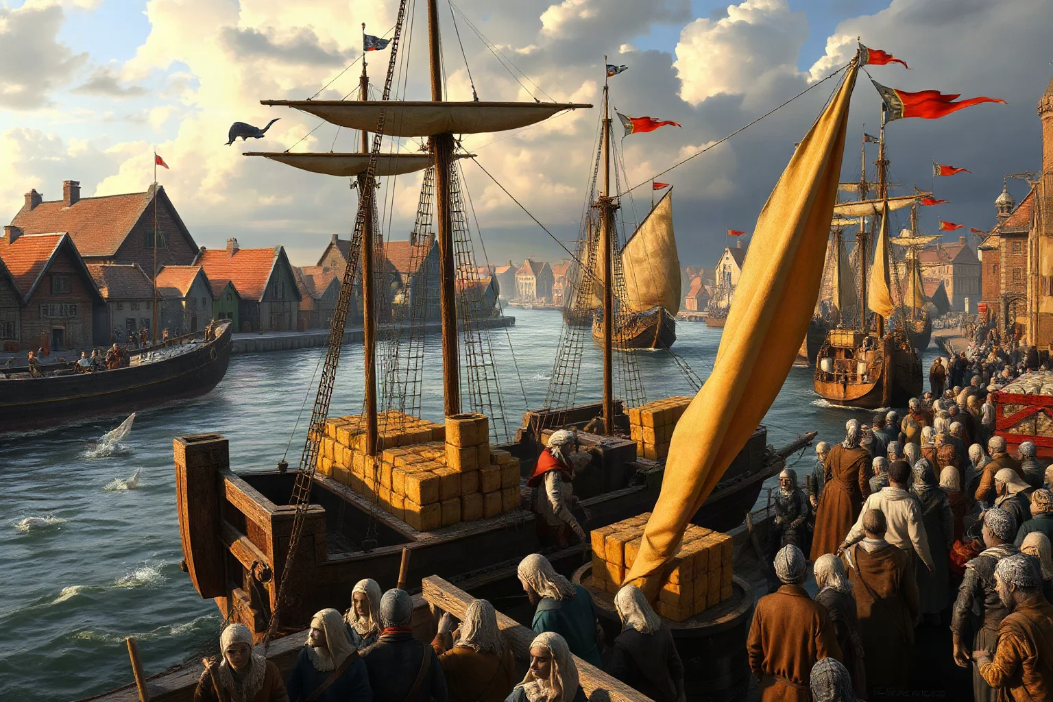Medieval port city with ships arriving from distant lands, goods being unloaded alongside disease spreading through crowds