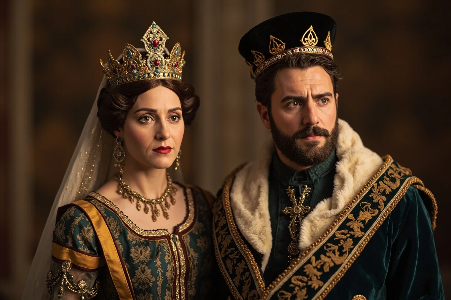 Medieval queen in ornate dress and crown standing beside a king in formal royal attire, representing a powerful political partnership