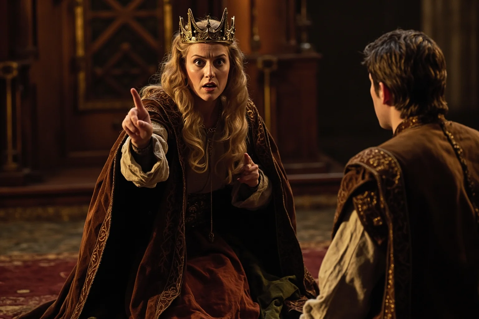Best Insults in History: 23 Legendary Put-Downs and the Stories Behind Them 10 Medieval queen in royal robes pointing accusingly at a kneeling nobleman in a castle courtroom