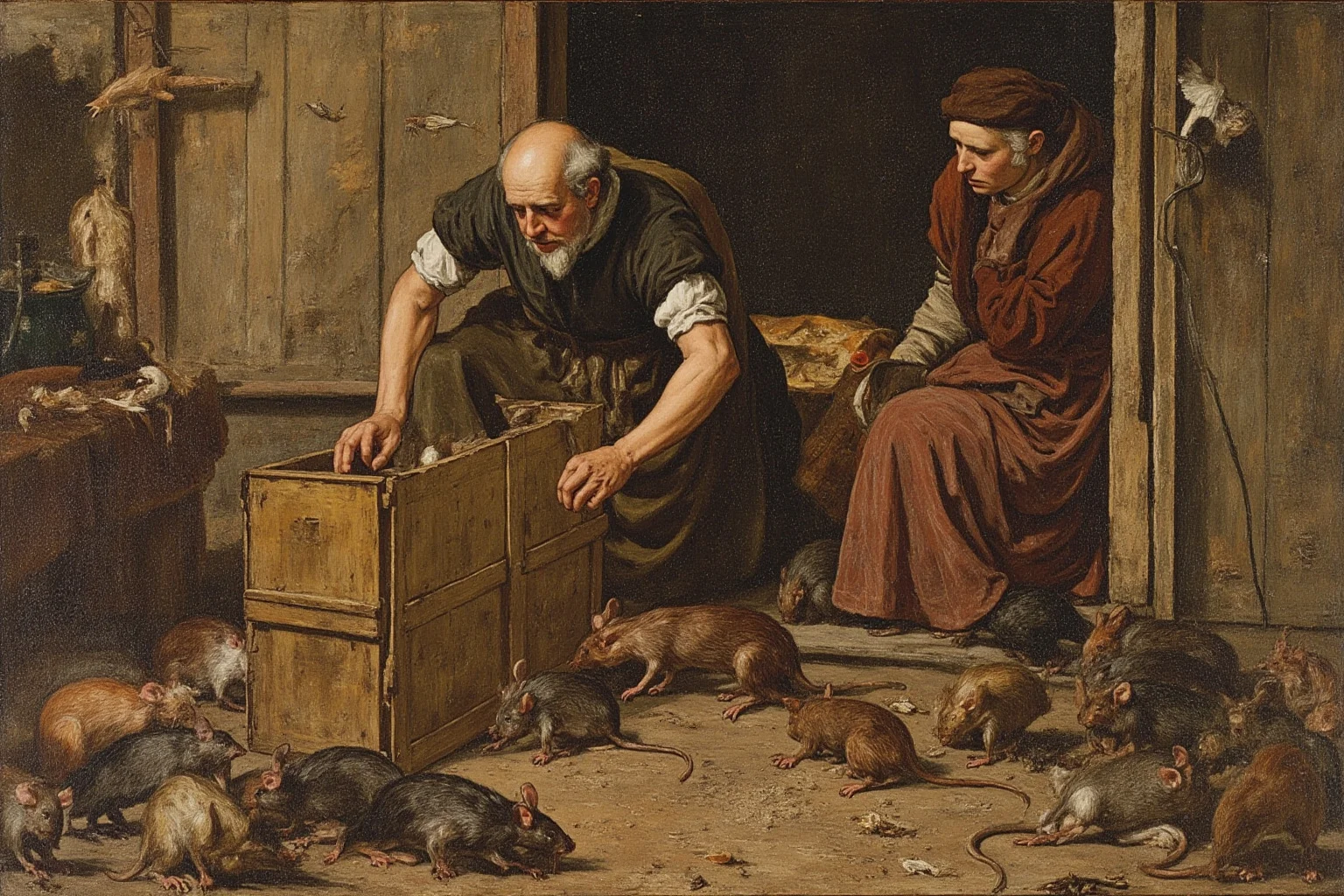 Medieval scene showing rats, fleas, and human interaction in a 14th-century European settlement or marketplace