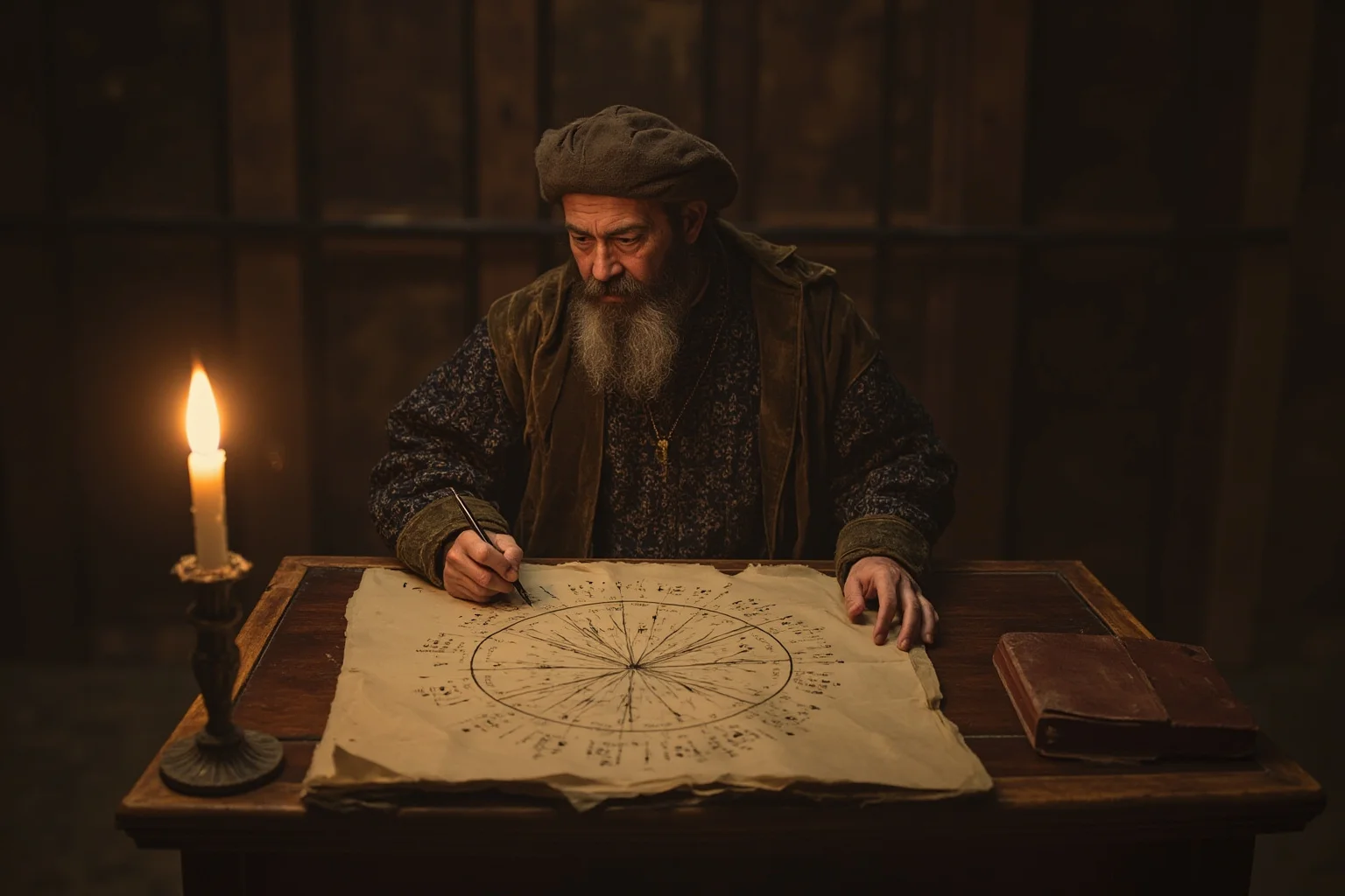 Medieval scholar in a university lecture hall writing complex logical diagrams on parchment, candle nearby