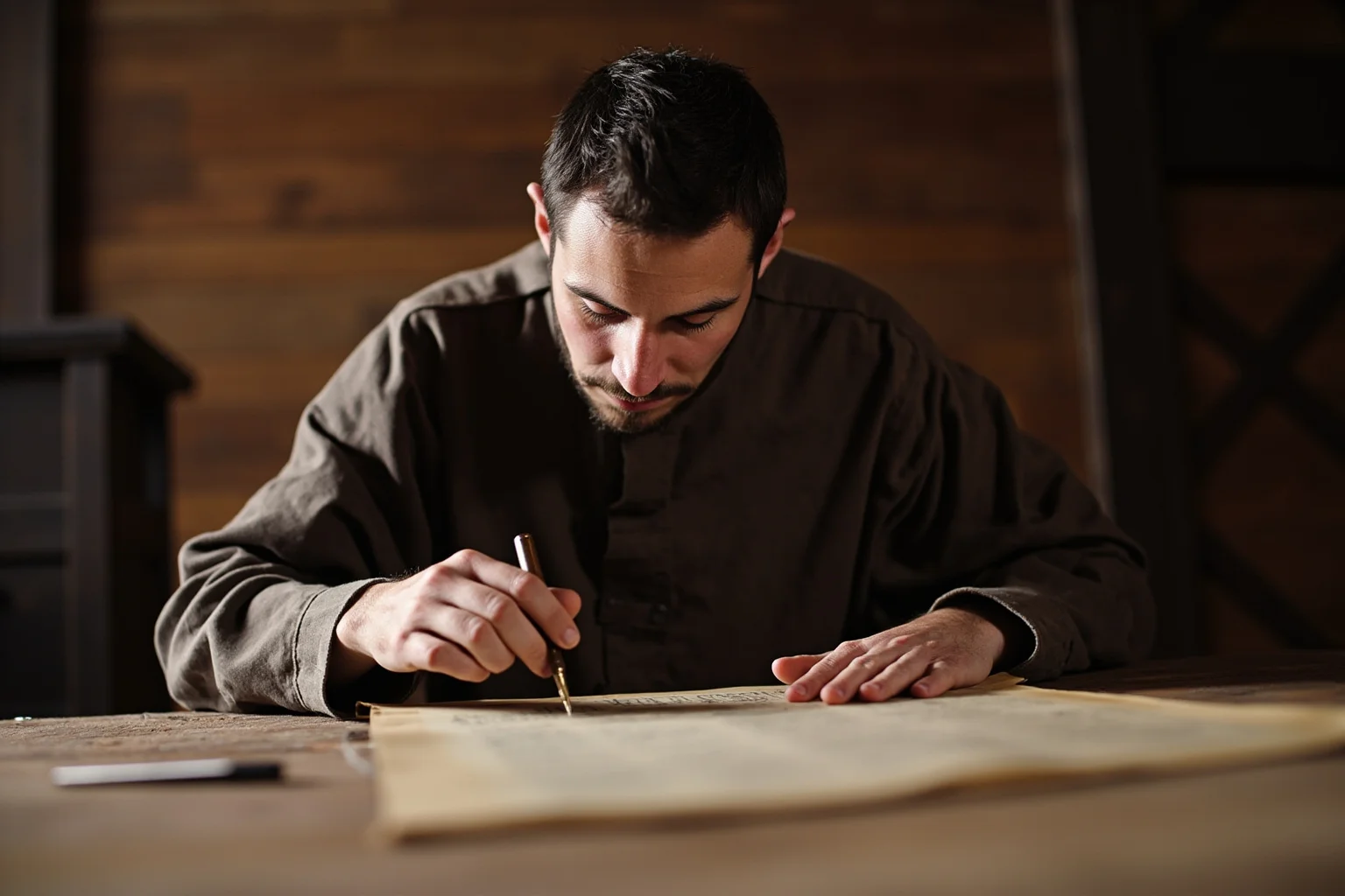 Medieval scribe monk carefully copying manuscript text by hand in a scriptorium