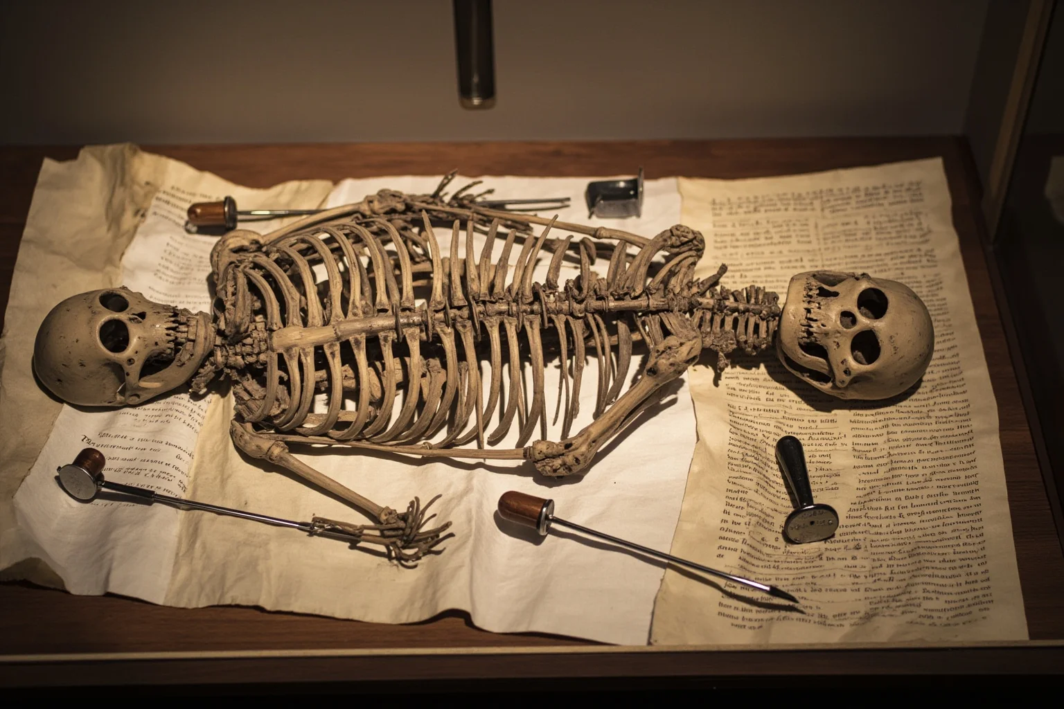 20 of History's Most Infamous 'Ugly' Figures — Myth vs. Reality 5 Medieval skeleton with scoliosis displayed on examination table with modern archaeological tools and historical parchments documenting reign