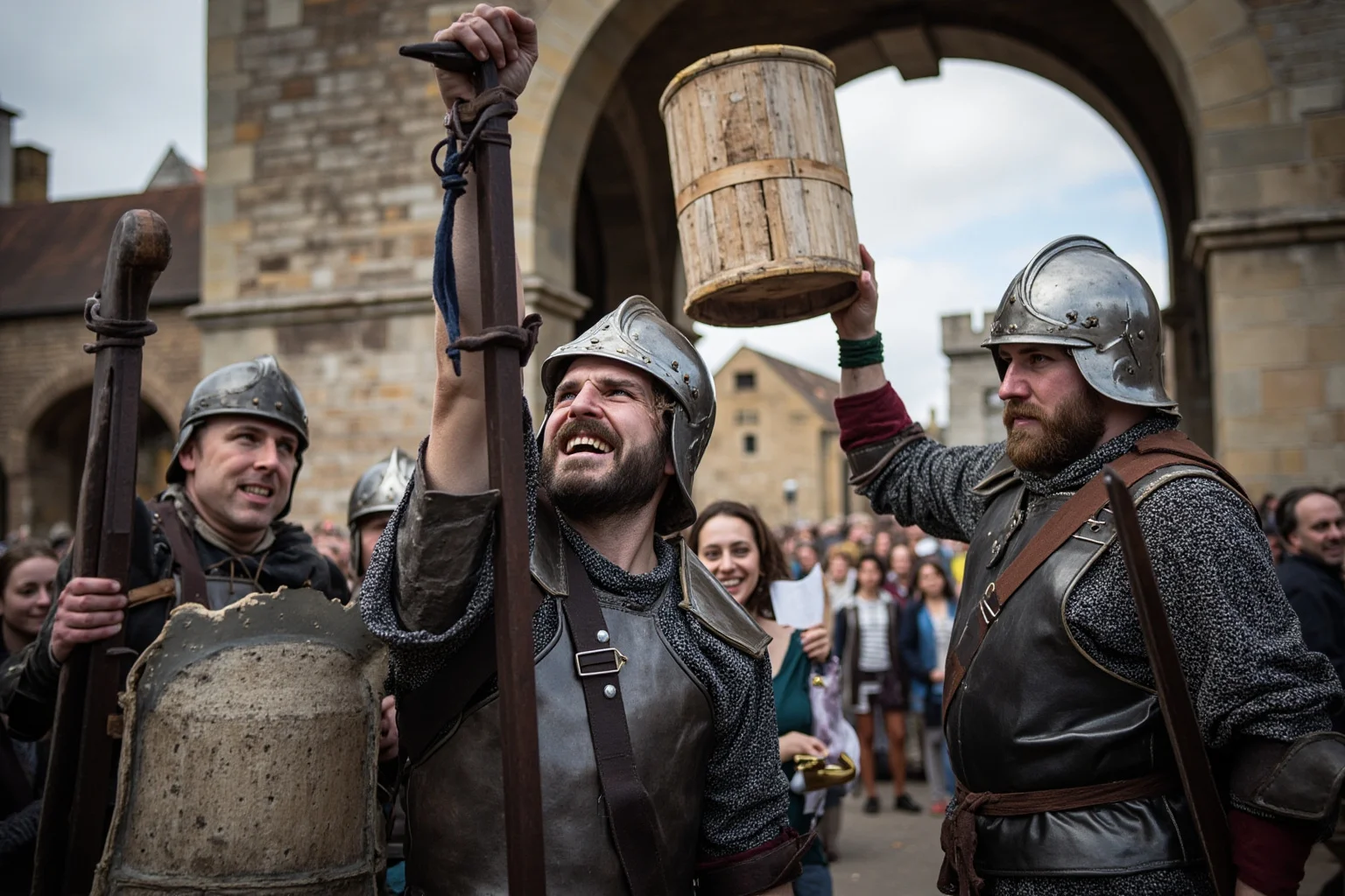 Medieval soldiers in armor triumphantly holding up a plain wooden bucket outside a stone city gate