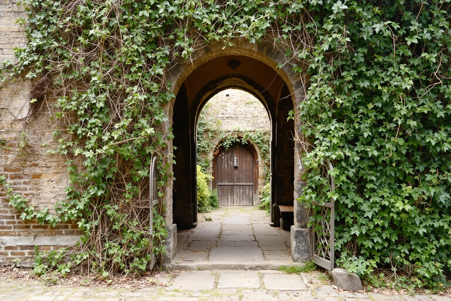 Medieval stone guesthouse inn near an old English priory, arched doorway, ivy-covered walls, quiet monastic courtyard