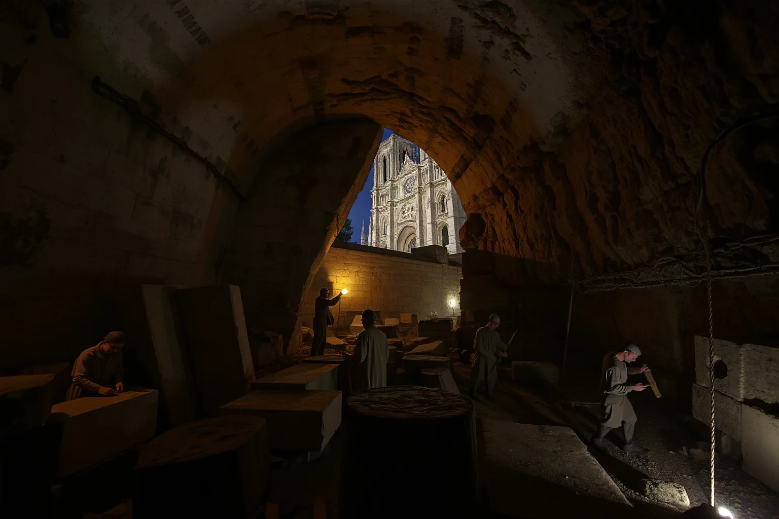 Medieval stonemasons cutting limestone blocks in an underground quarry by torchlight, with Notre-Dame Cathedral visible in the background above ground