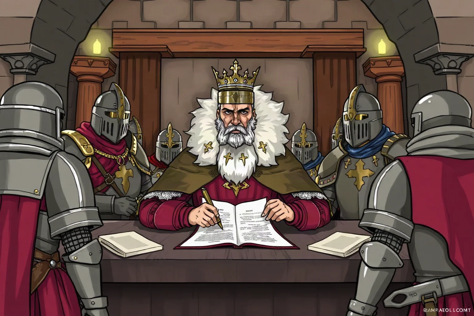 Medieval-style illustration of a crowned king signing a document surrounded by armored nobles, castle great hall background