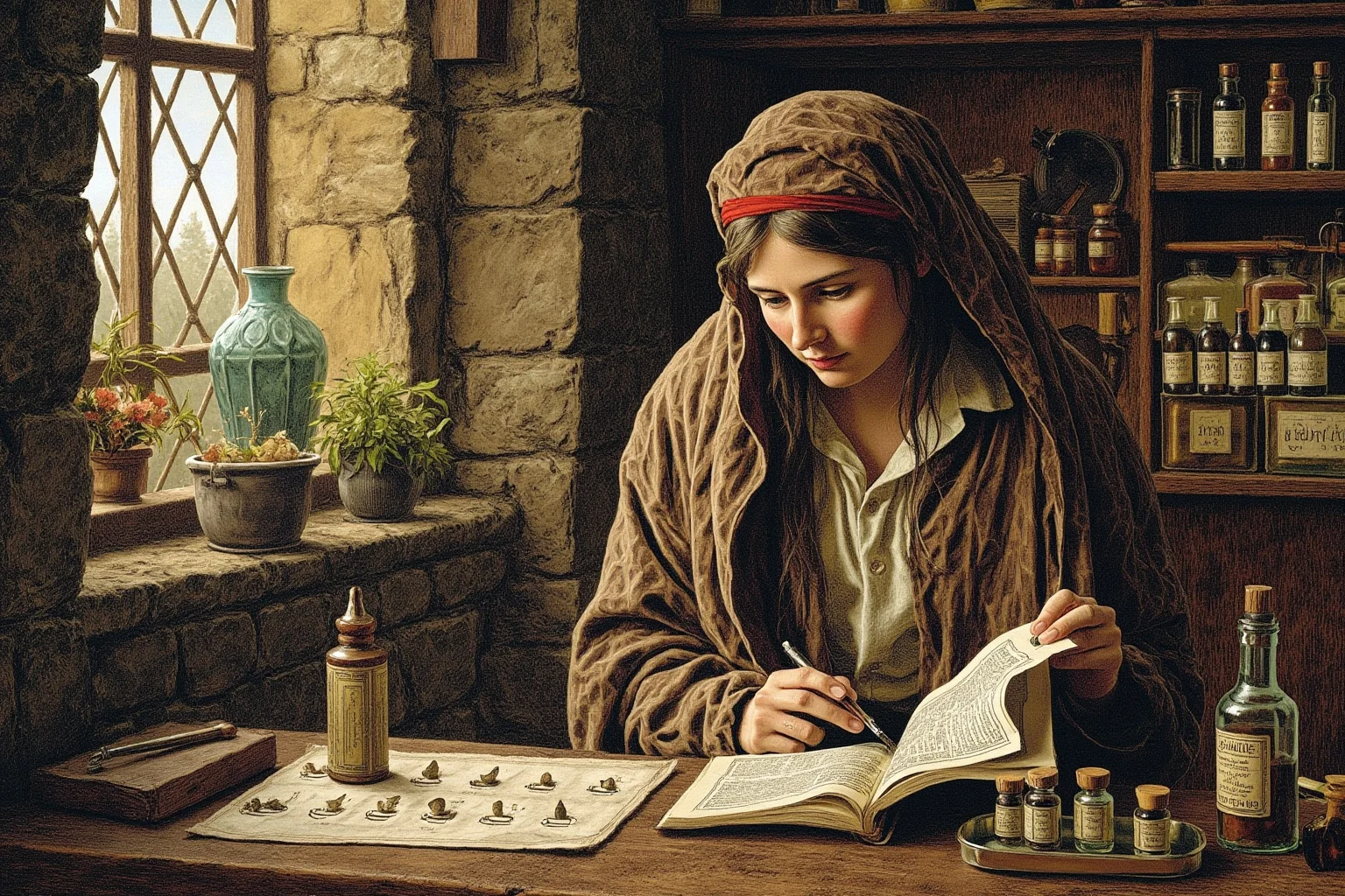 Medieval-style illustration of a woman physician examining herbs and vials in a stone apothecary room