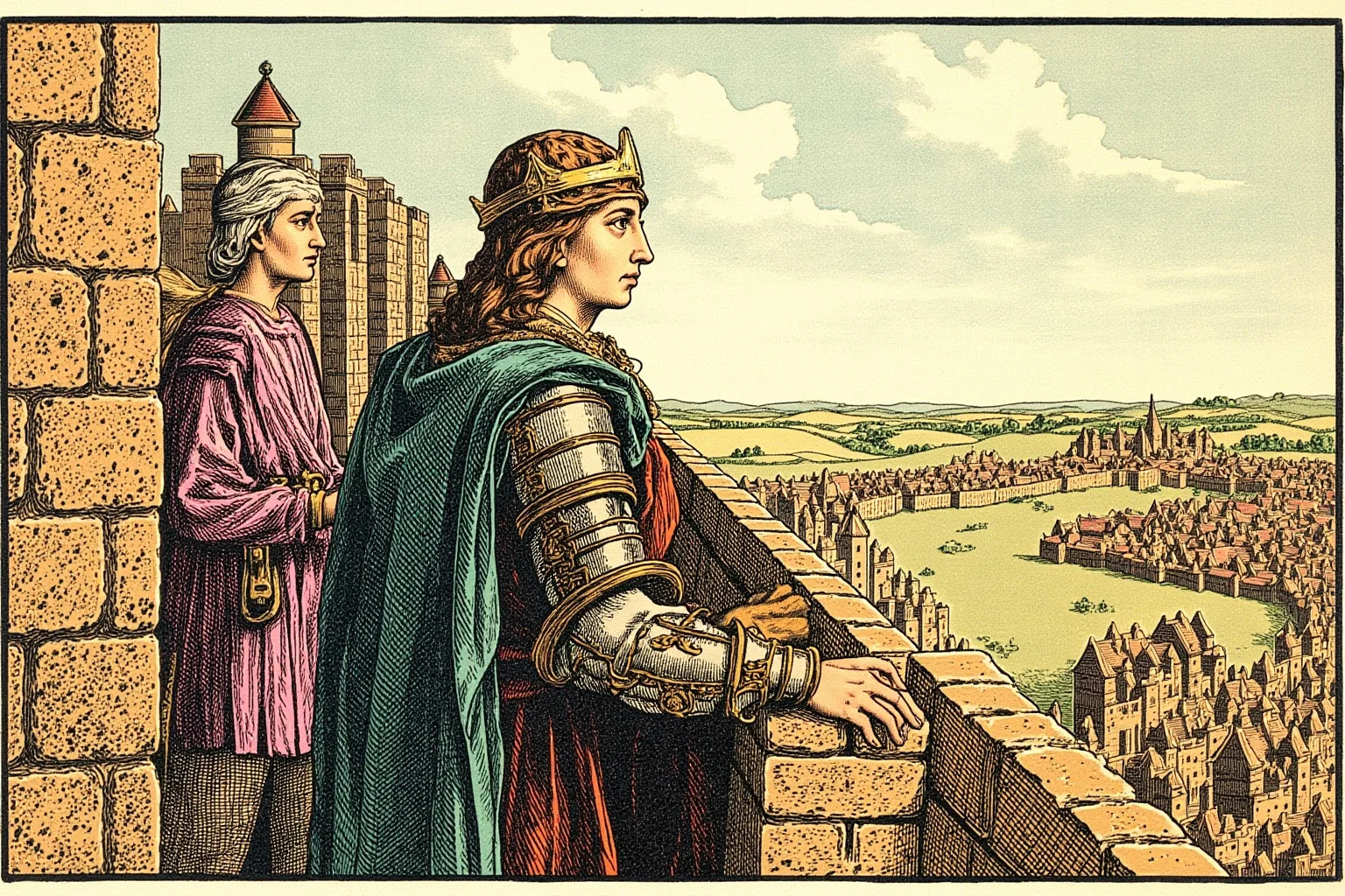 Medieval-style illustration of an Anglo-Saxon noblewoman in armor overseeing the building of a fortified town wall