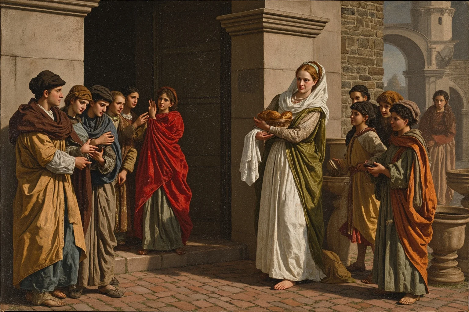 Medieval-style painting of a charitable noblewoman distributing bread and cloth to poor townspeople outside a castle gate