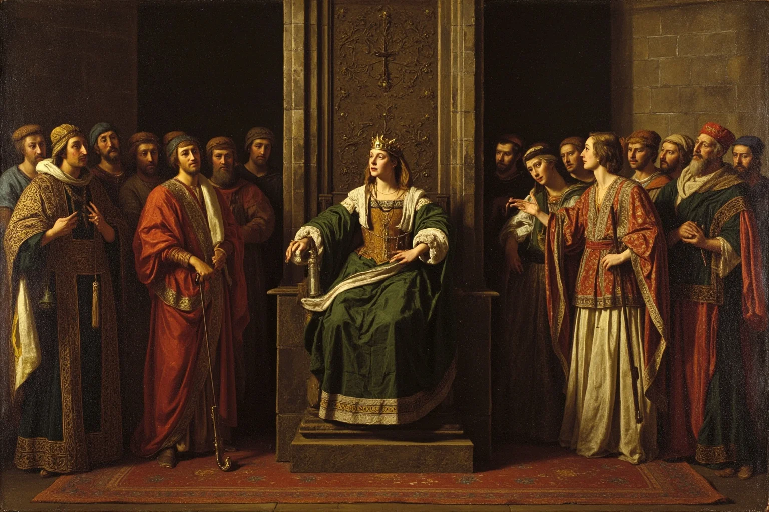Medieval-style painting of a queen in Iberian royal dress addressing nobles in a stone throne room
