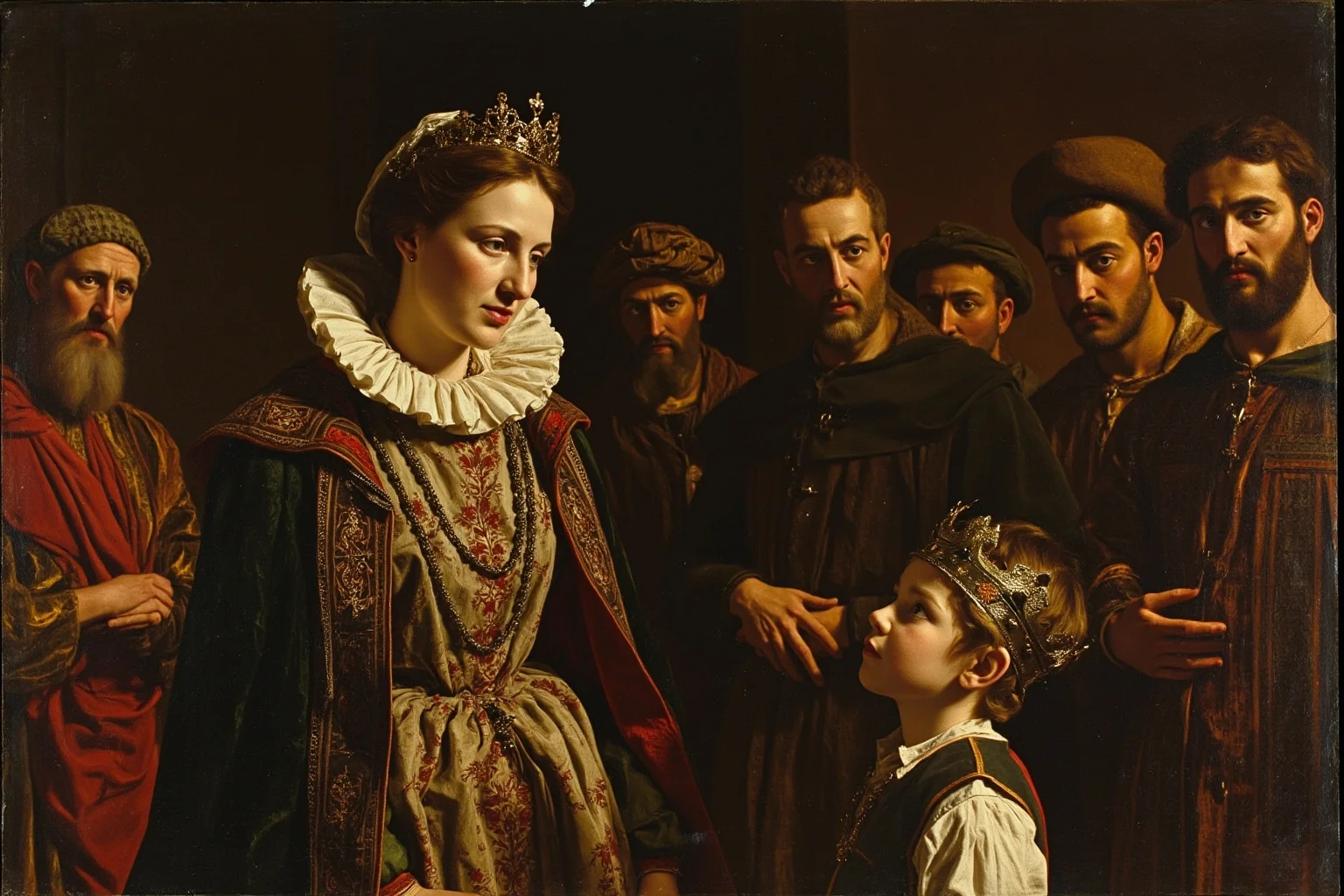 Medieval-style painting of a queen mother in royal French dress standing before a young crowned king and his council