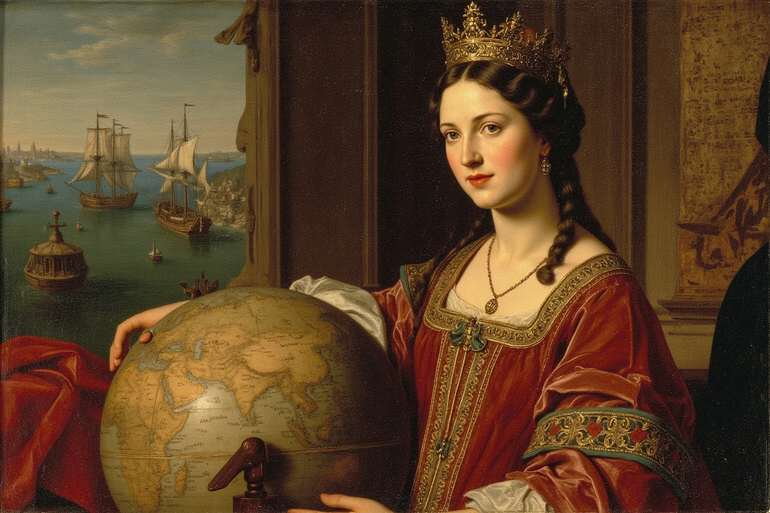 Medieval-style painting of a Spanish queen in royal regalia standing beside a globe and maps with sailing ships in the harbor beyond