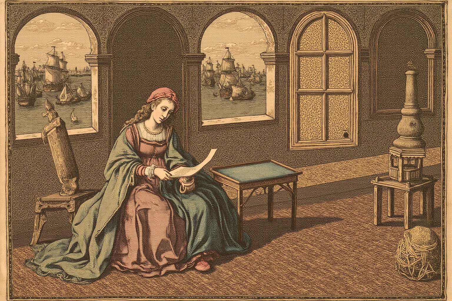 Medieval tapestry style illustration of a duchess in Norman dress reviewing documents in a castle hall while ships wait in a harbor