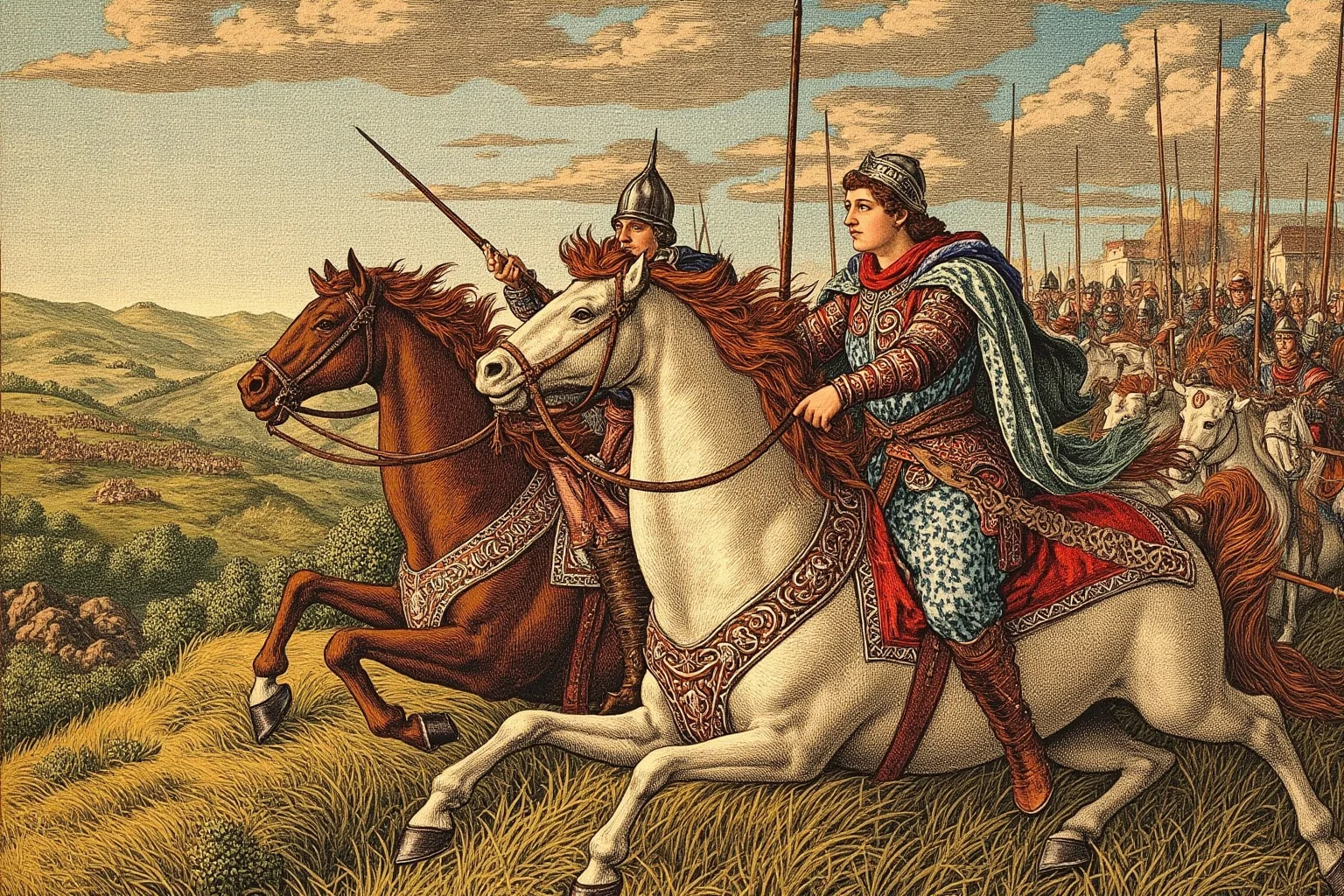 Medieval tapestry style illustration of a Welsh noblewoman in armor leading warriors across a hillside battlefield