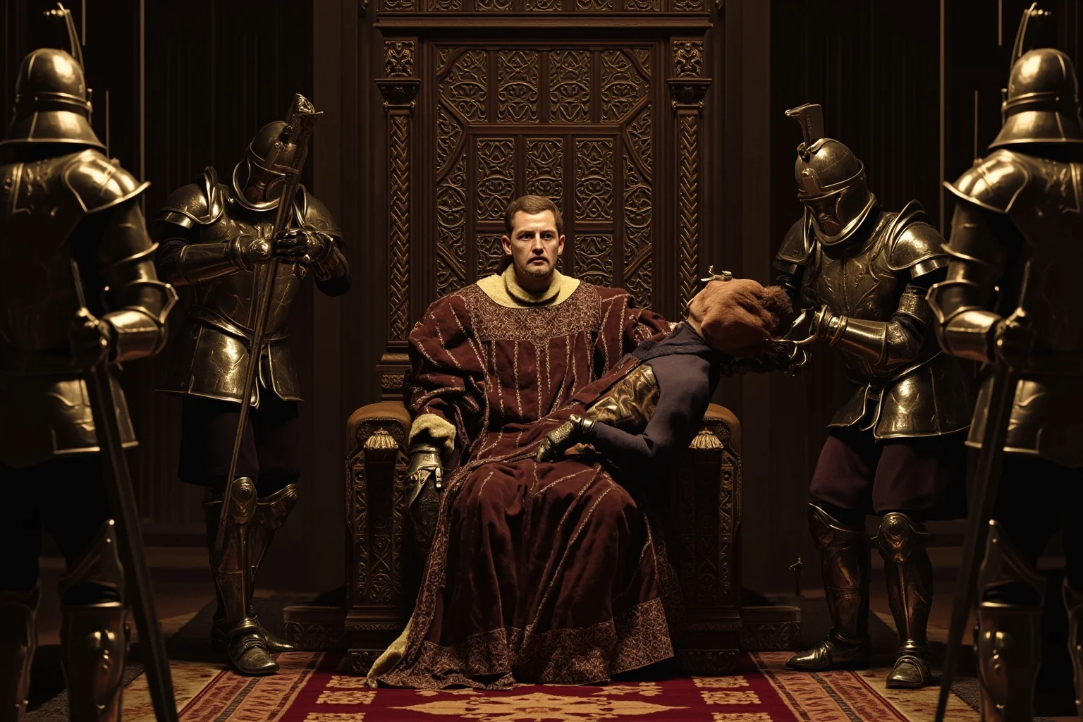 Medieval throne room with two nobles in conflict, one being forcibly removed or deposed by guards in armor