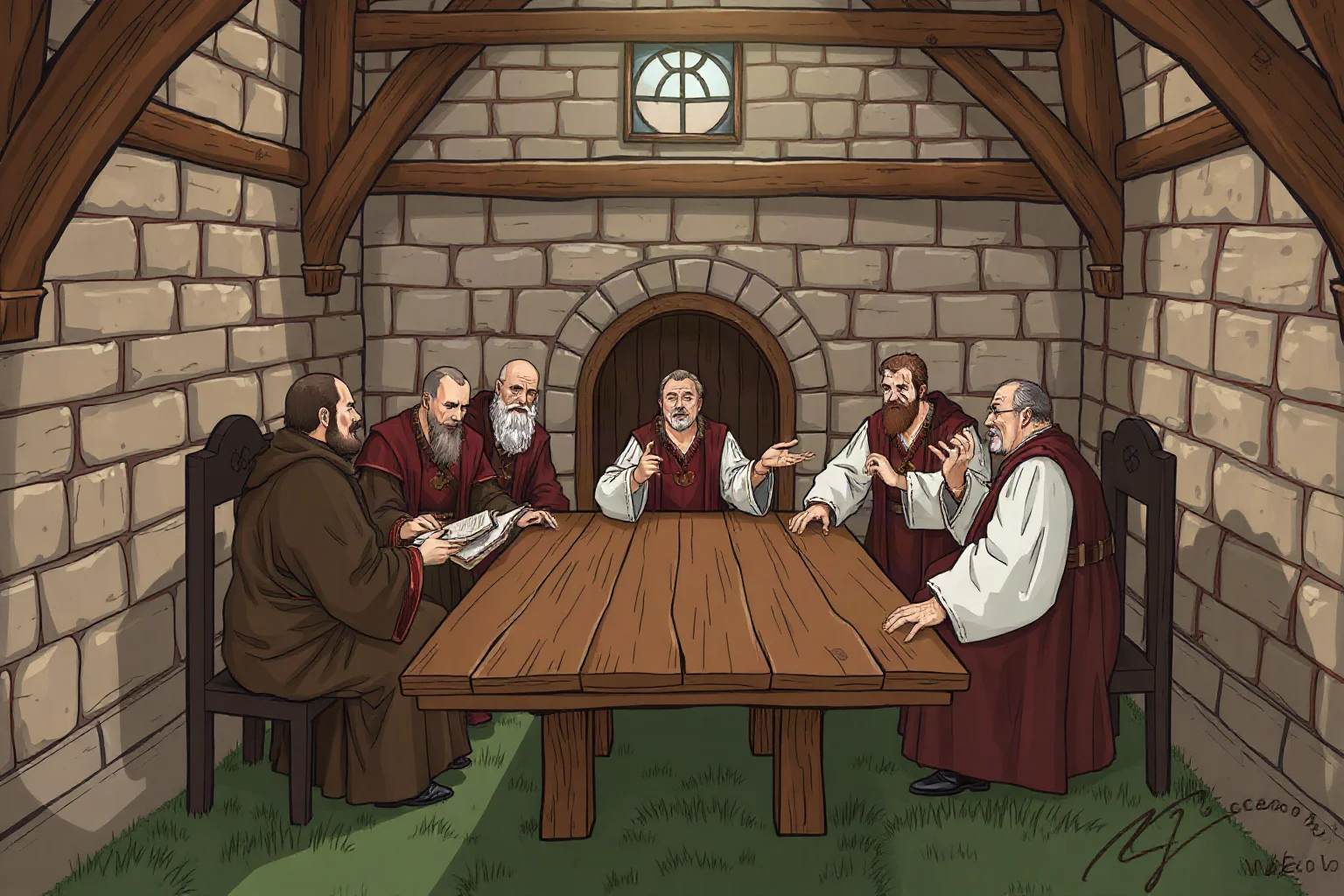 Medieval town councilors in robes debating around a wooden table inside a stone guildhall, illustrative style