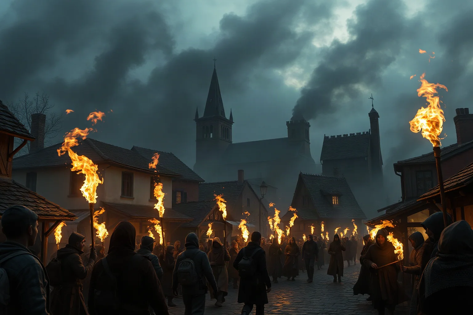 Medieval town during economic hardship with minority community members being scapegoated, crowds gathering with torches and fear