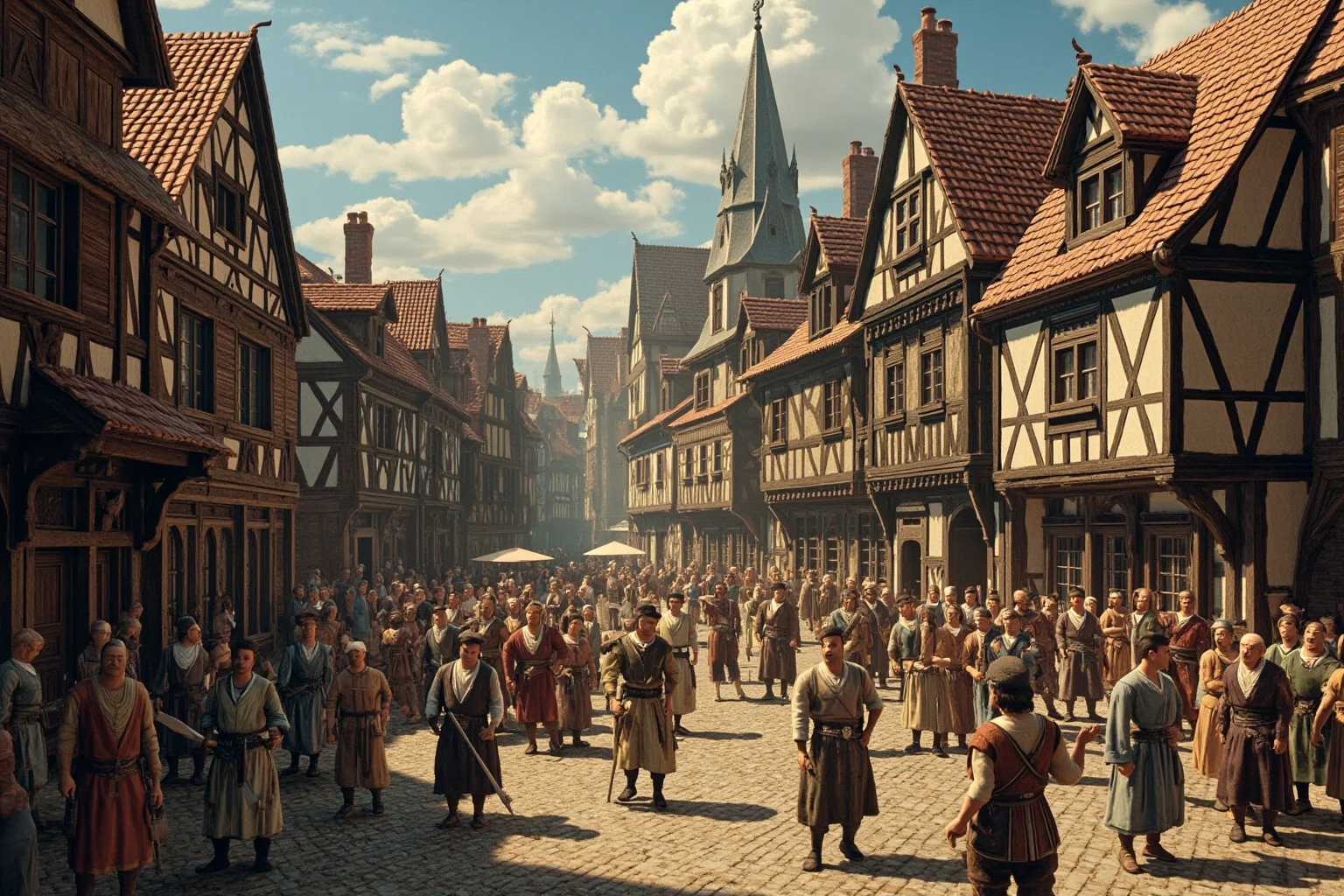 Medieval town square with merchants, nobles, and common folk going about daily life in the 1300s