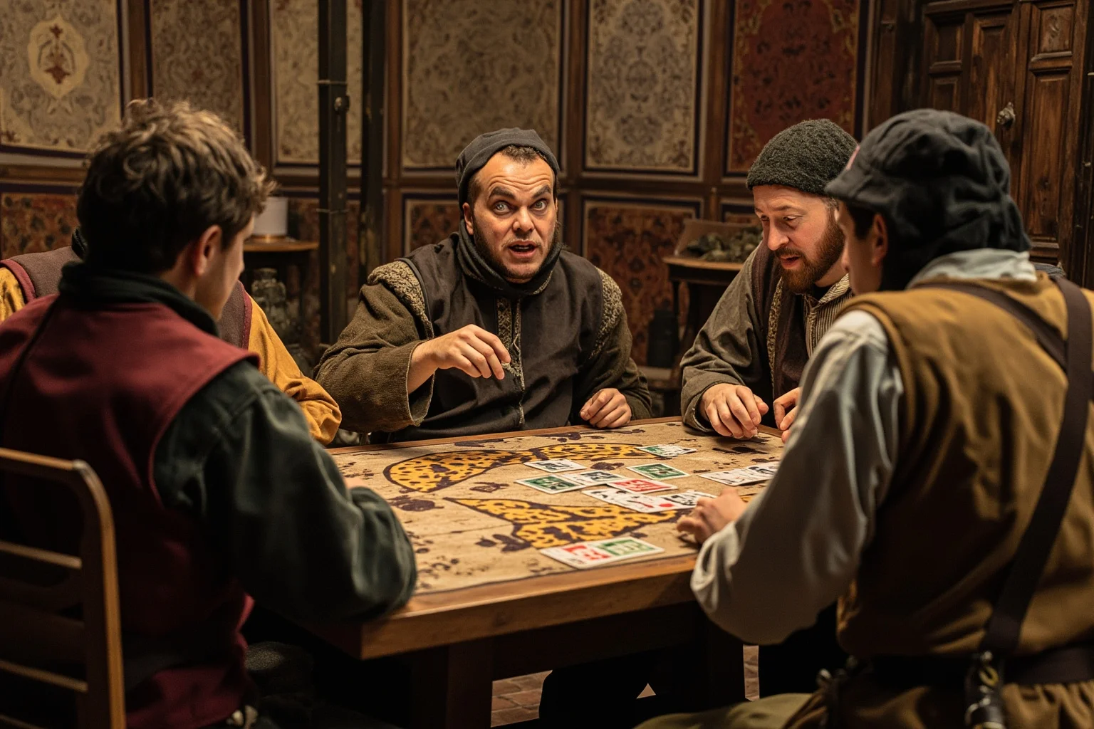 Medieval townspeople playing a hand-painted card game around a wooden table