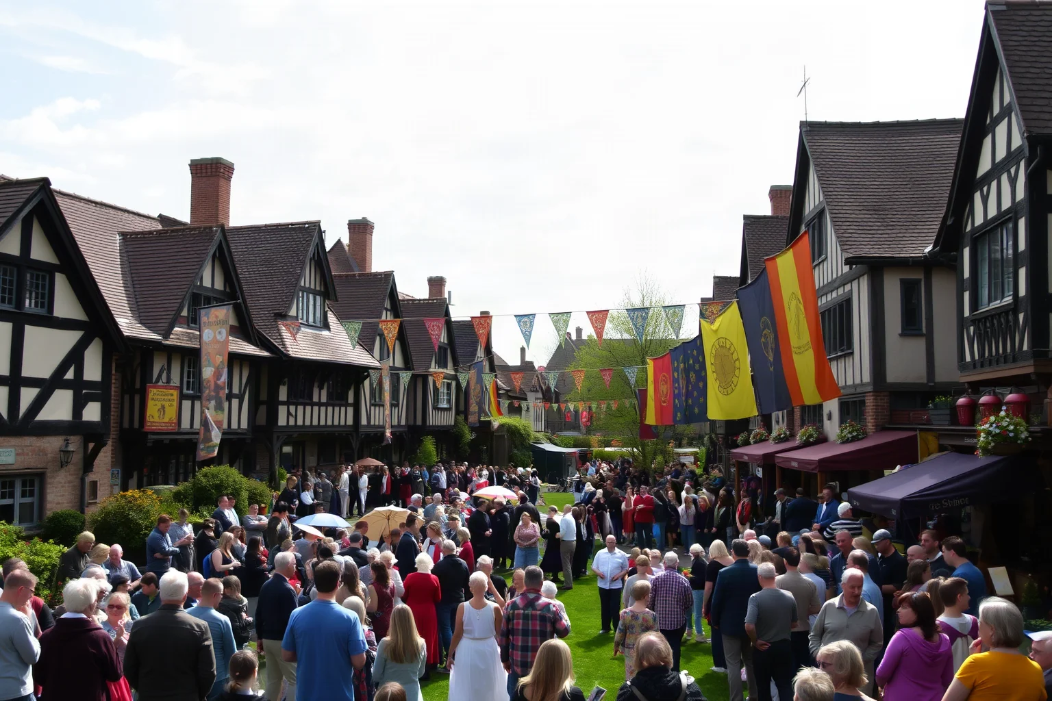 Medieval village green with colorful festival banners and a crowd gathered for a spring celebration