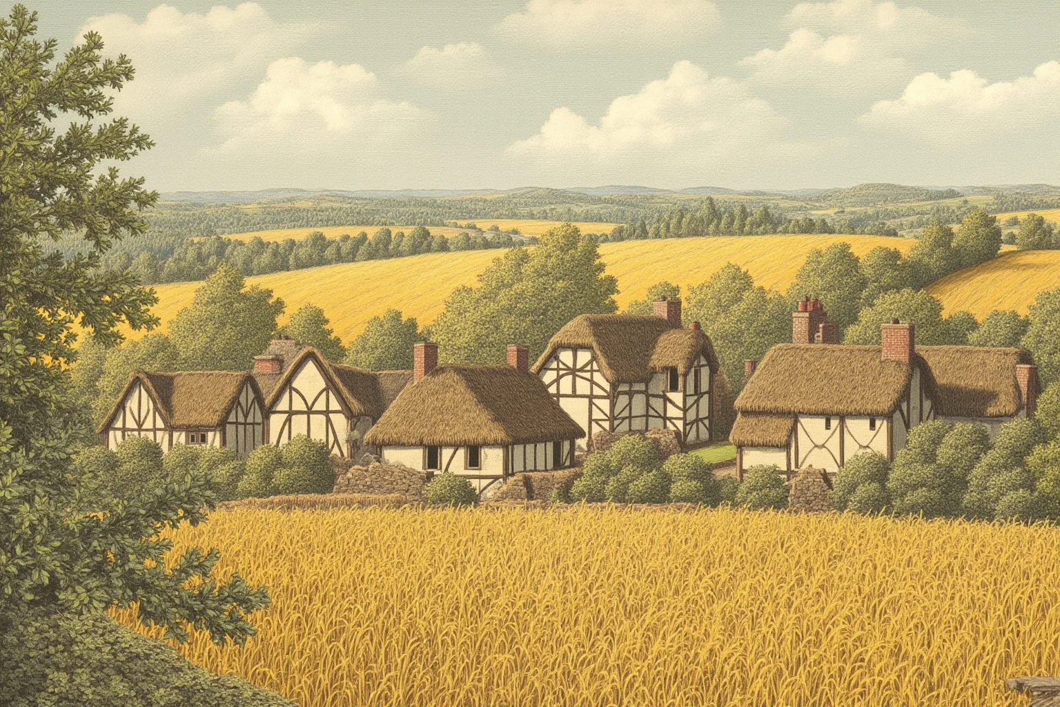 Proof of Time Travel? 20 Famous Photos, Notes, and Stories Fact-Checked 10 Medieval village illustration with thatched-roof cottages and a wheat field under overcast sky